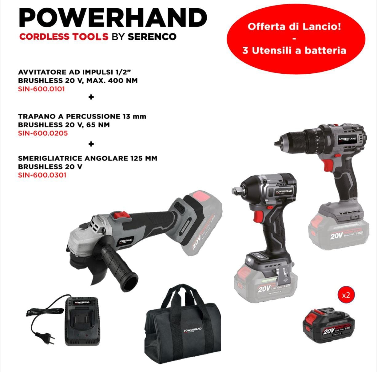 SET PROMO Avvitatore ad Impulsi + Trapano a Percussione + Smerigliatrice Angolare - Powerhand