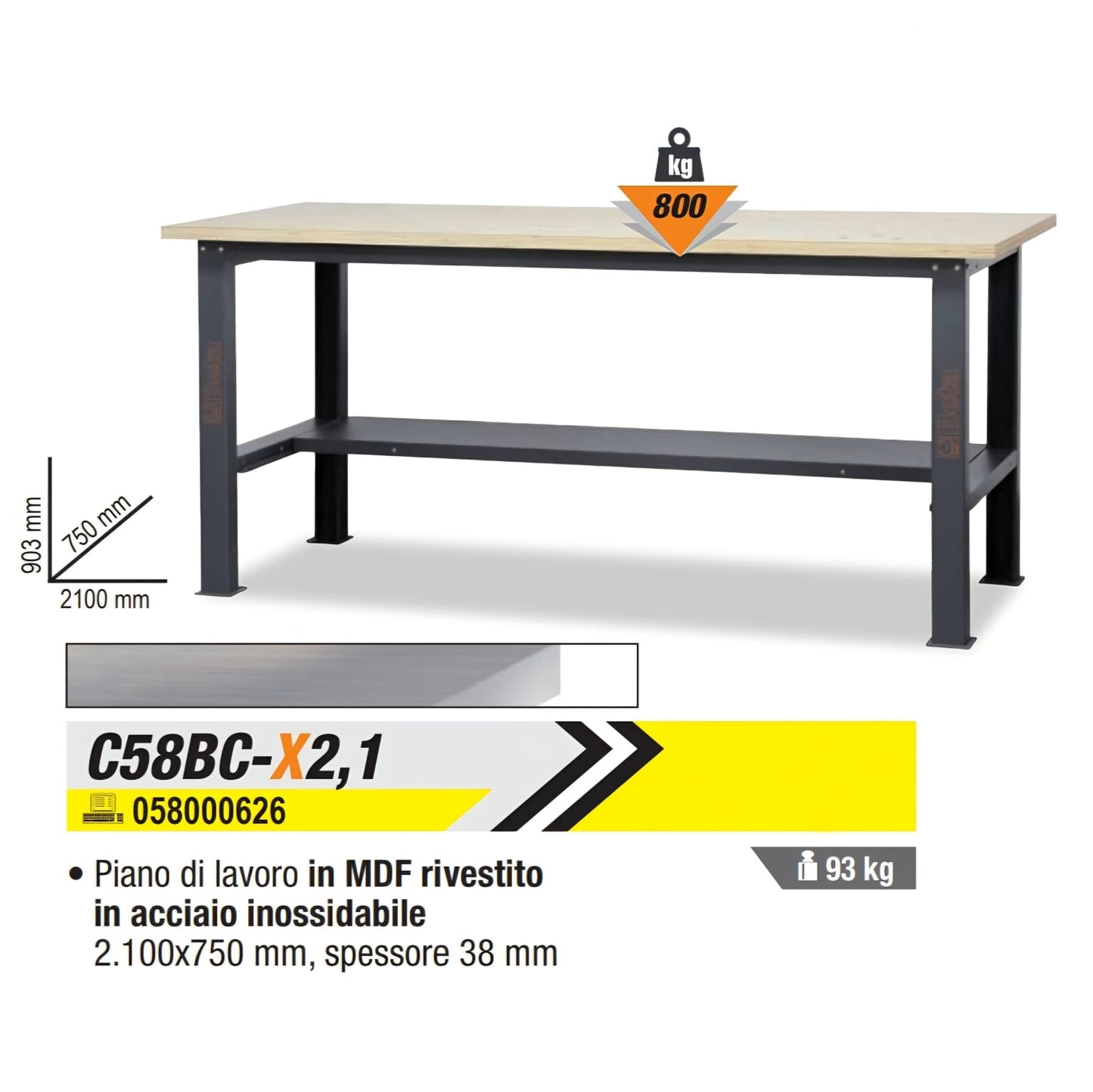 Banco da lavoro semplice - 2,1 m